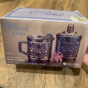 Brand New Vintage Indiana Glass Blue Carnival Glass Cream & Sugar Set 5” Tall